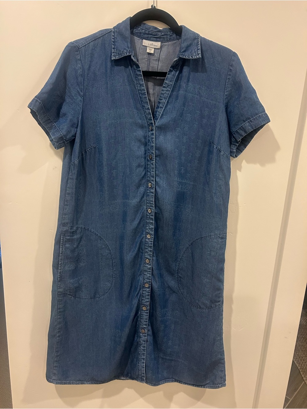 J.Jill Denim Button Front Shirtdress Short Sleeve Curved Patch Pockets S Tall